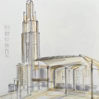 Dessin de l'église moderne Nôtre Dame de la Consolation d'Auguste Perret par Aga Werner